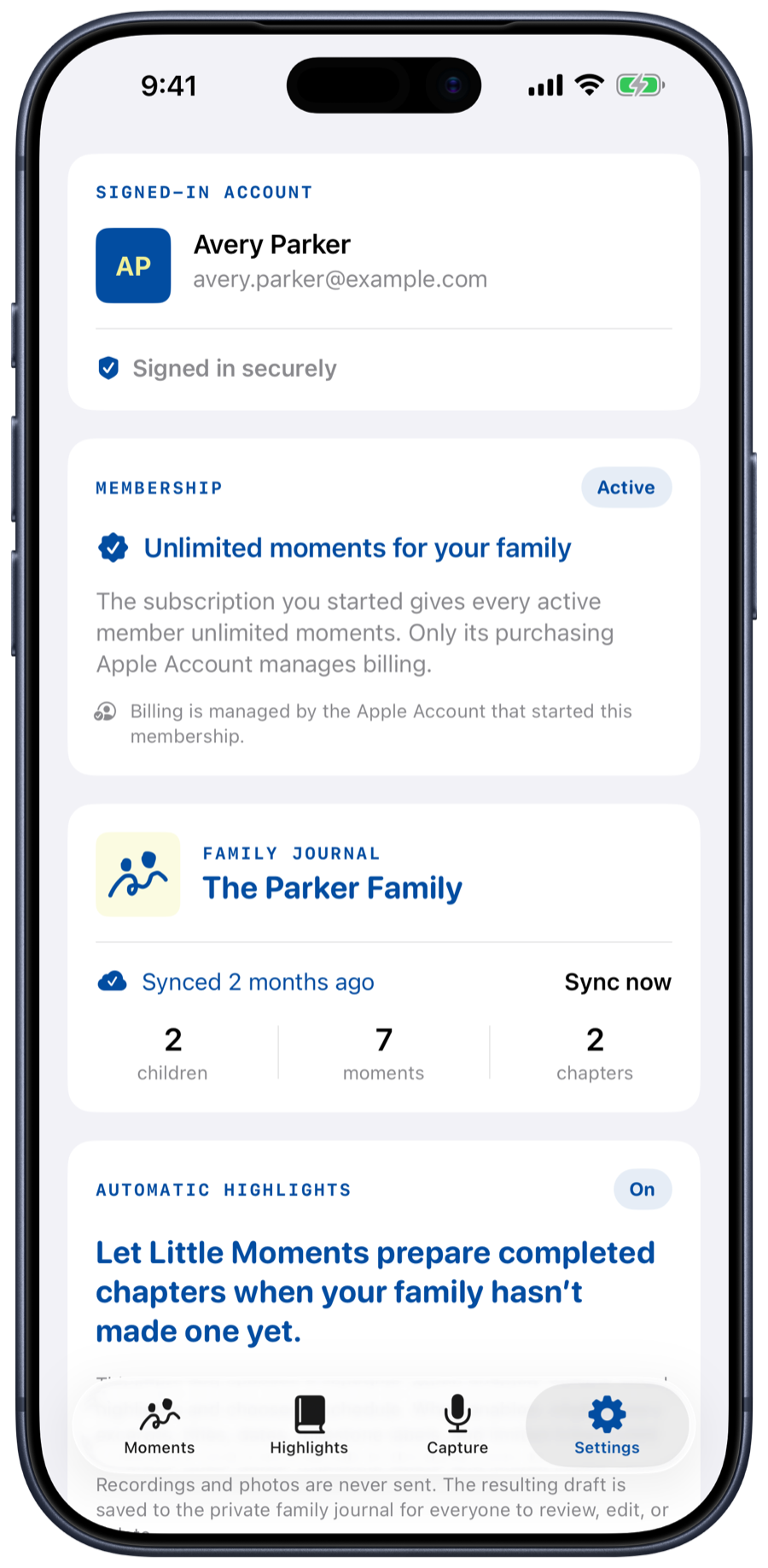 Settings for the Parker Family journal showing an active membership and sync status
