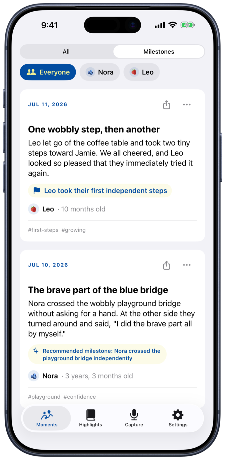 The Milestones view with a confirmed first-steps milestone and a recommended one