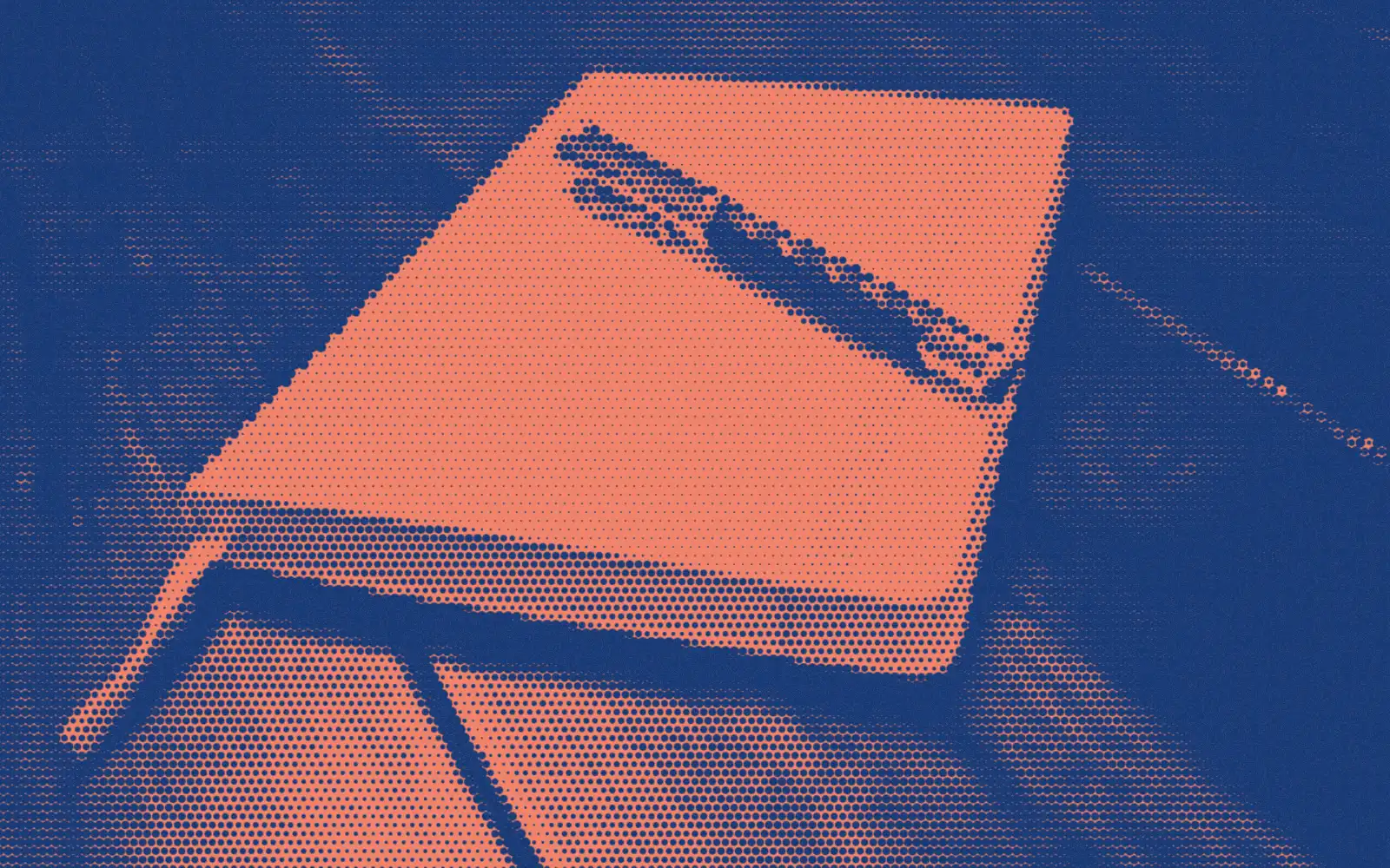 A pen across a closed notebook, transformed into a coral and deep blue halftone print.