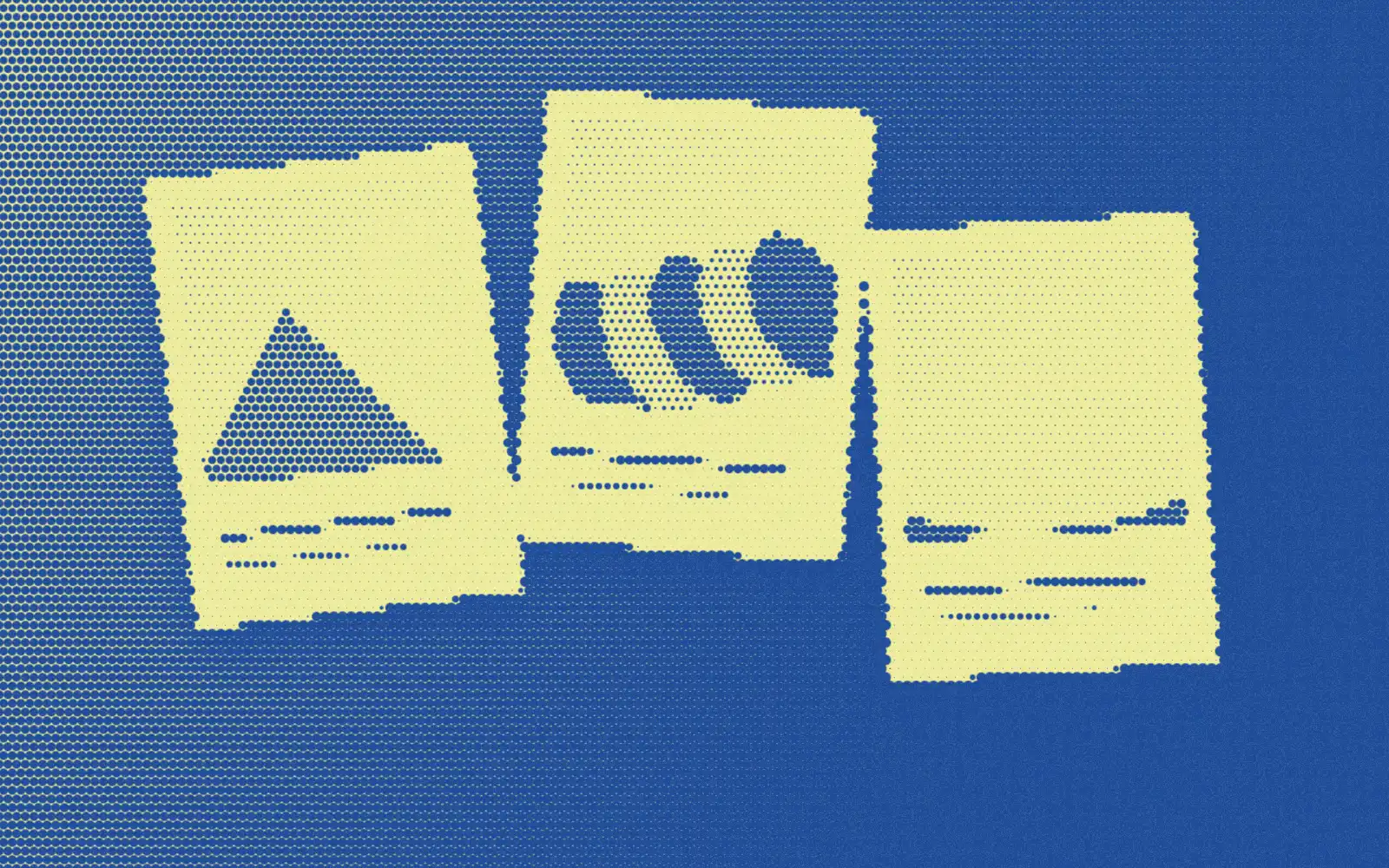 Original illustration of three photo cards with caption lines in blue and yellow Paper halftone.