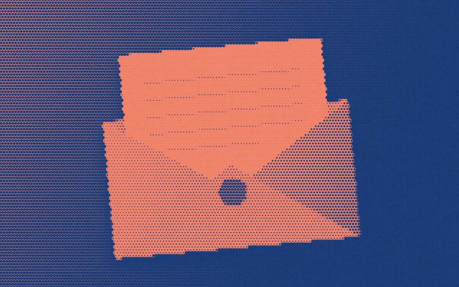Original illustration of a letter tucked inside an envelope in coral and deep blue Paper halftone.