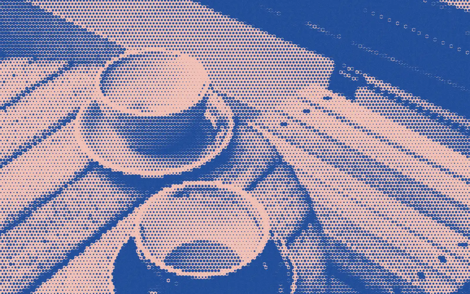 Two empty coffee cups on a wooden table in a blue and blush halftone print.