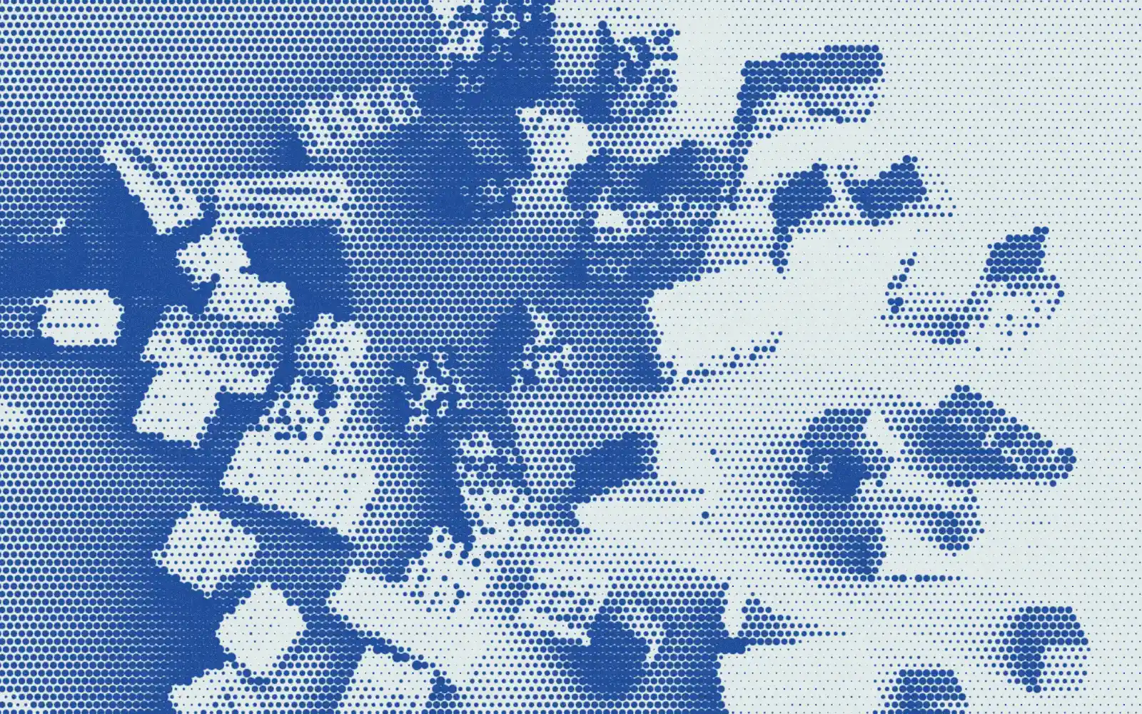 Scattered wooden toy blocks rendered as a blue Paper halftone print.