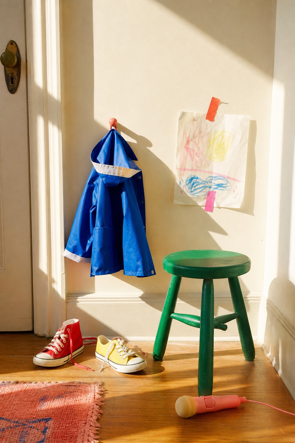A child’s blue raincoat, mismatched sneakers, drawing, green stool, and toy microphone in a sunny entryway